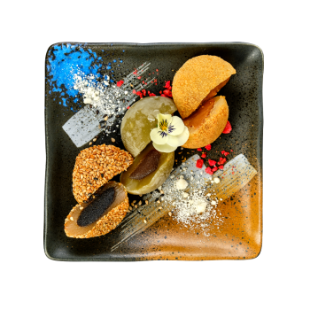 MOCHI WITH BLACK SESAME, PEANUTS AND GREEN MATCHA TEA 